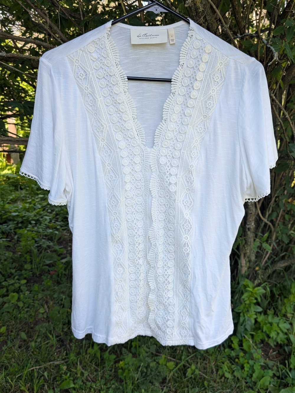 Cream Lace-Detail V-Neck Short Sleeve Blouse
